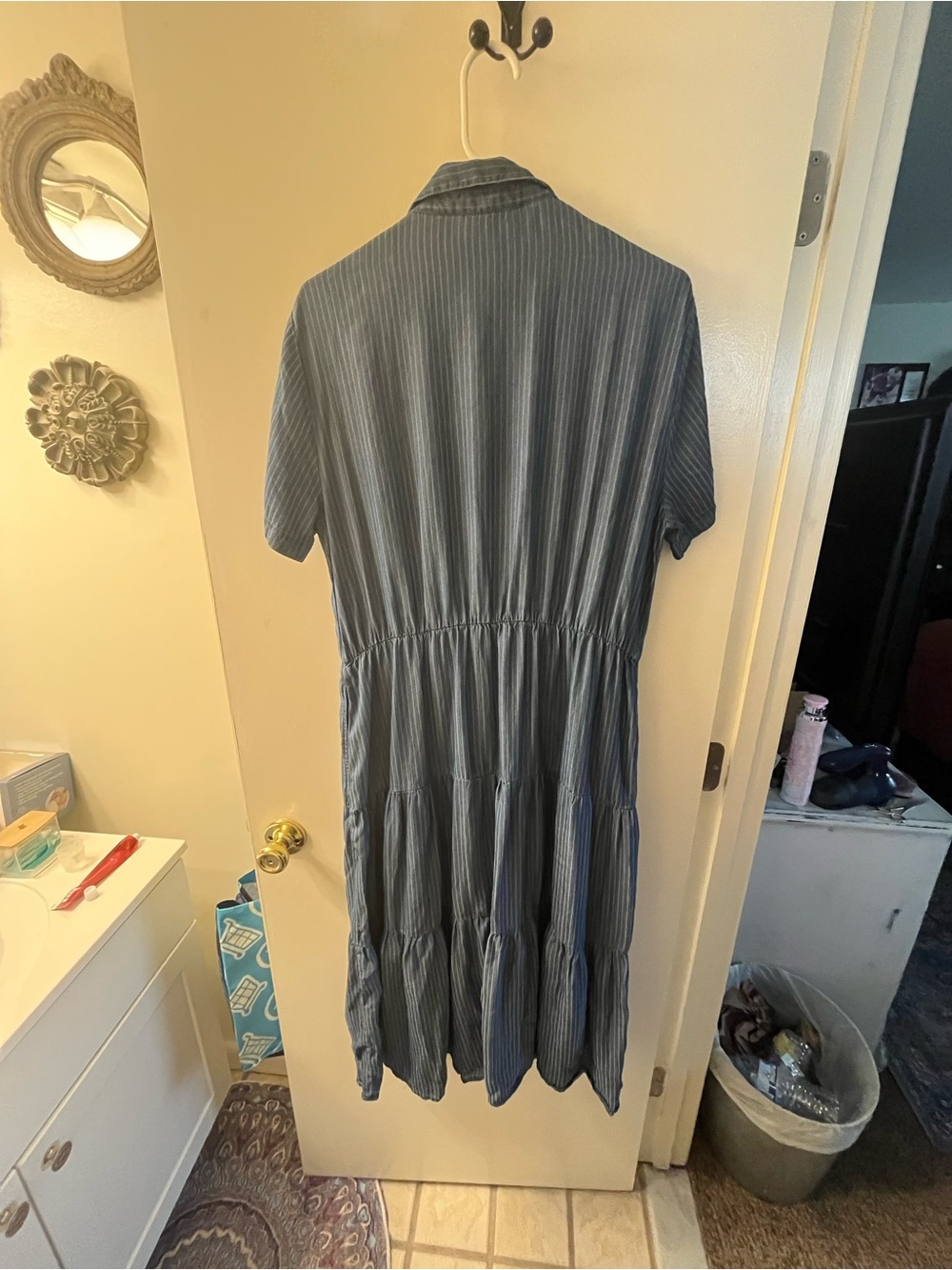 Jane & Delancey Blue Chambray Striped Tiered Midi Shirt Dress - Picture 3 of 5